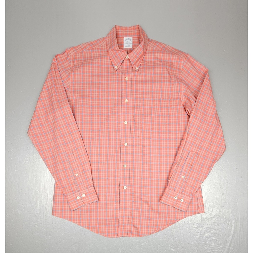 Brooks Brothers 346 Button Down Shirt Mens Large Plaid‎ Non-Iron Orange Supima